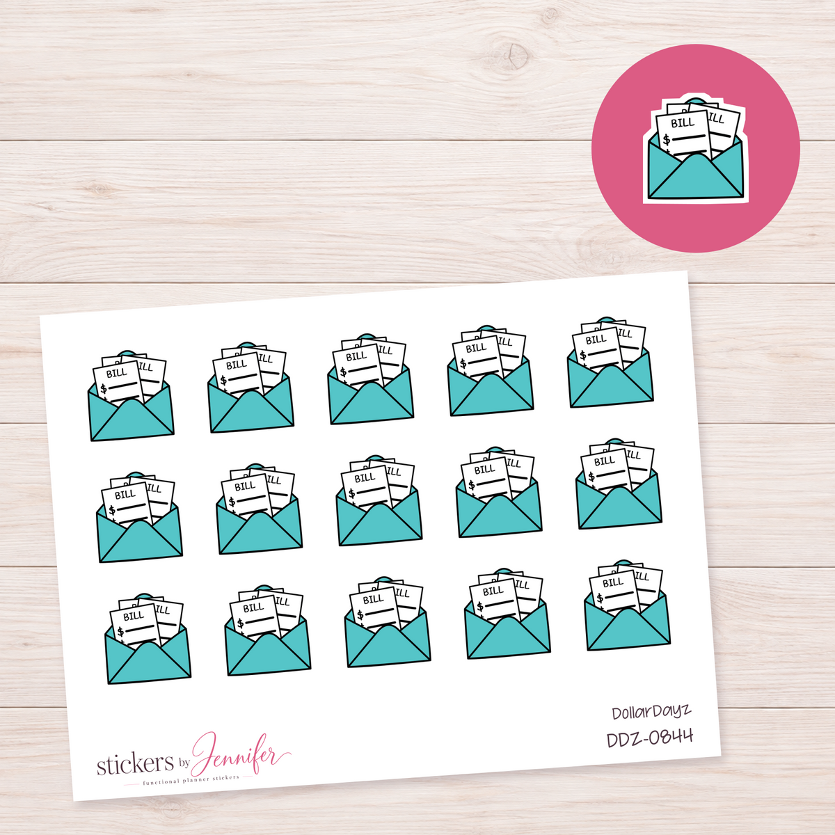 Teal Bill Envelope Planner Stickers | DDZ-0844