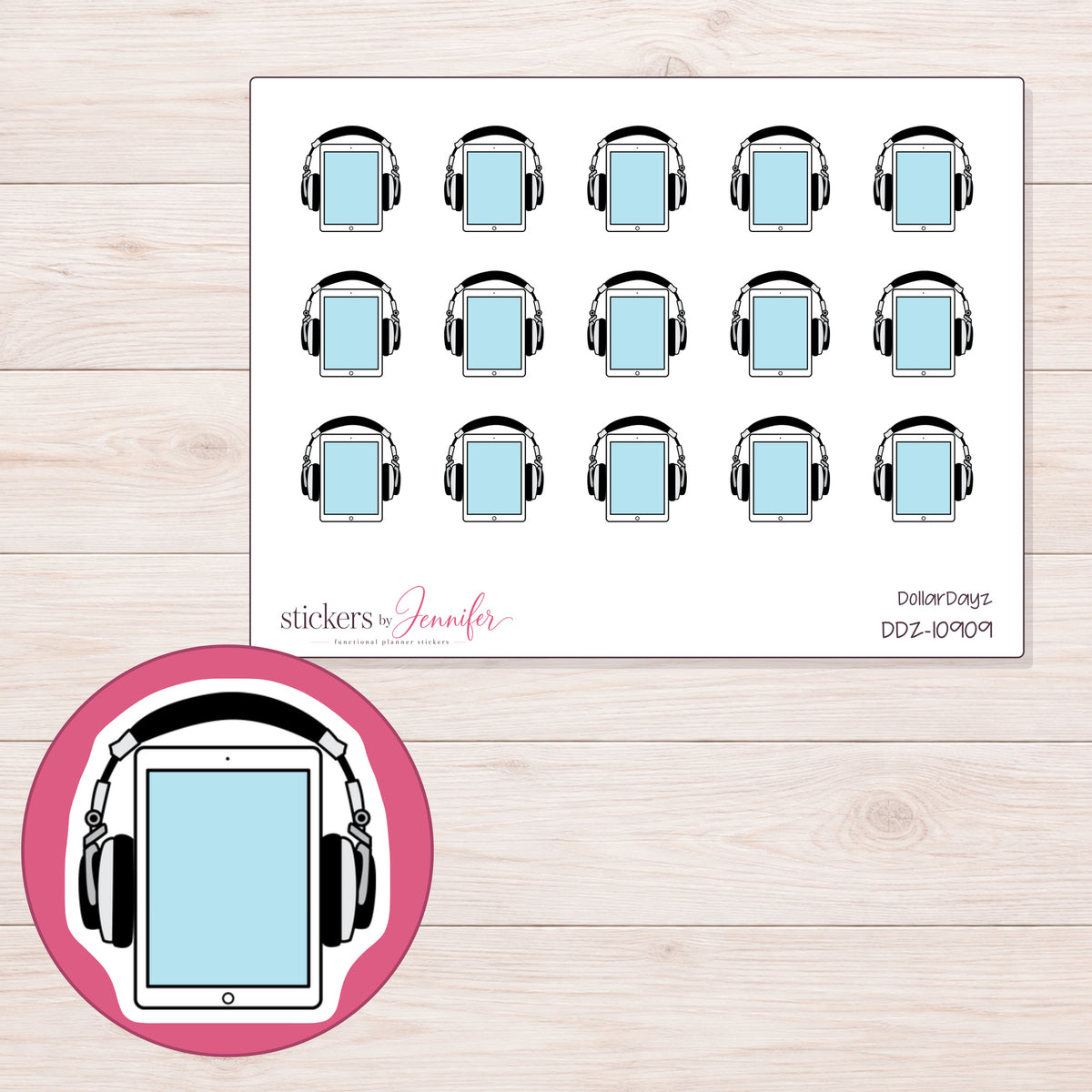 DDZ-10909 planner sticker sheet with enlarged sticker detail
