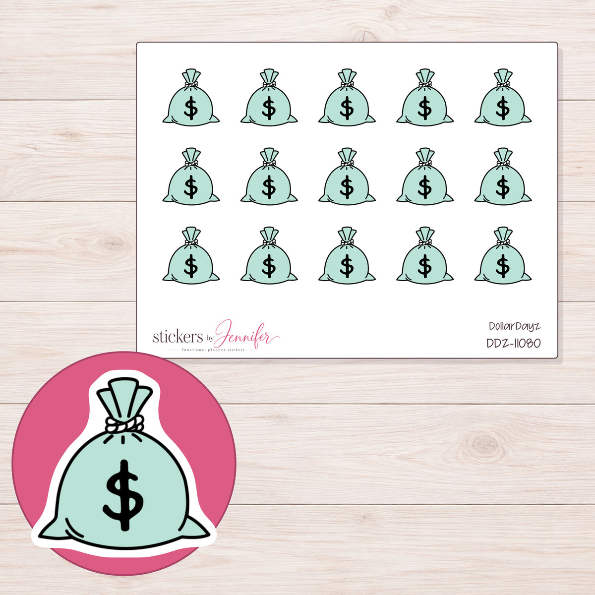 DDZ-11080 planner sticker sheet with enlarged sticker detail