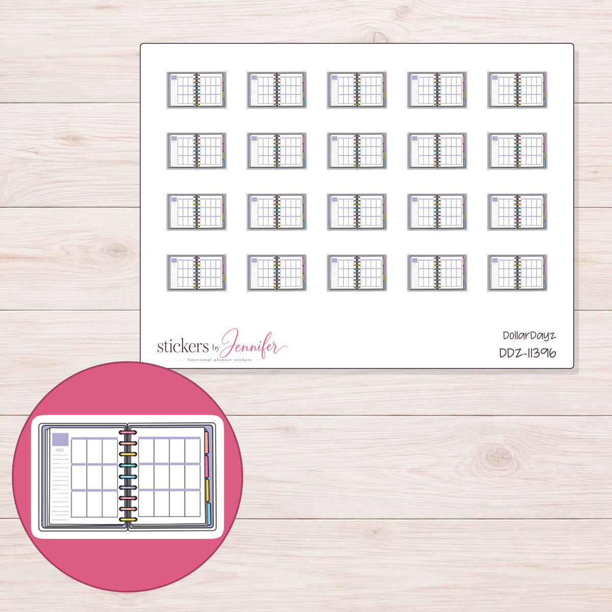 DDZ-11396 planner sticker sheet with enlarged sticker detail