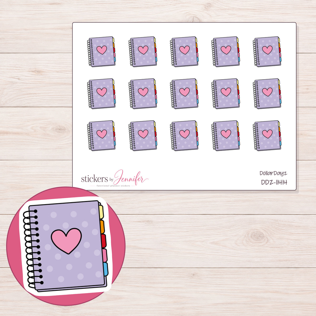 DDZ-11414 planner sticker sheet with enlarged sticker detail