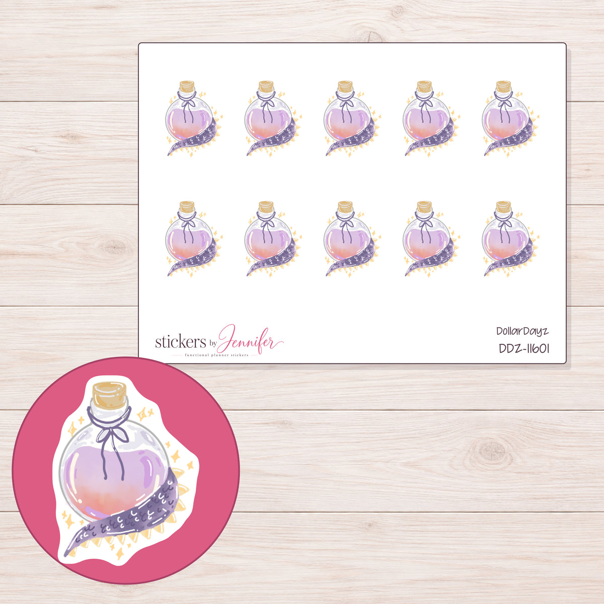DDZ-11601 planner sticker sheet with enlarged sticker detail
