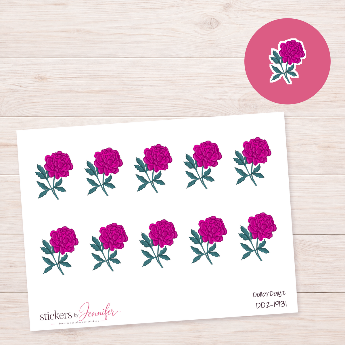 Magenta Rose Stem Planner Stickers | DDZ-1931