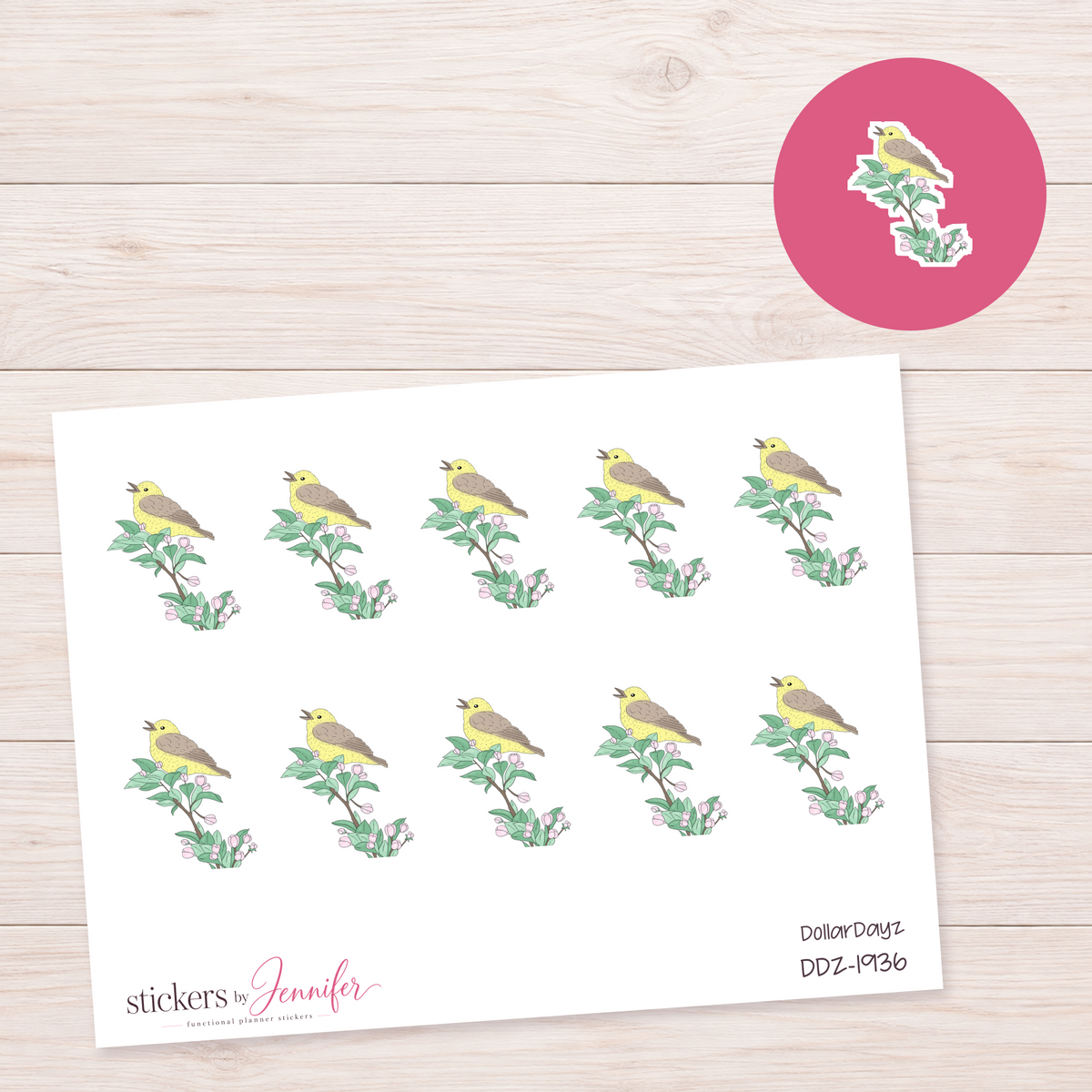Yellow Bird on Flowers Planner Stickers | DDZ-1936