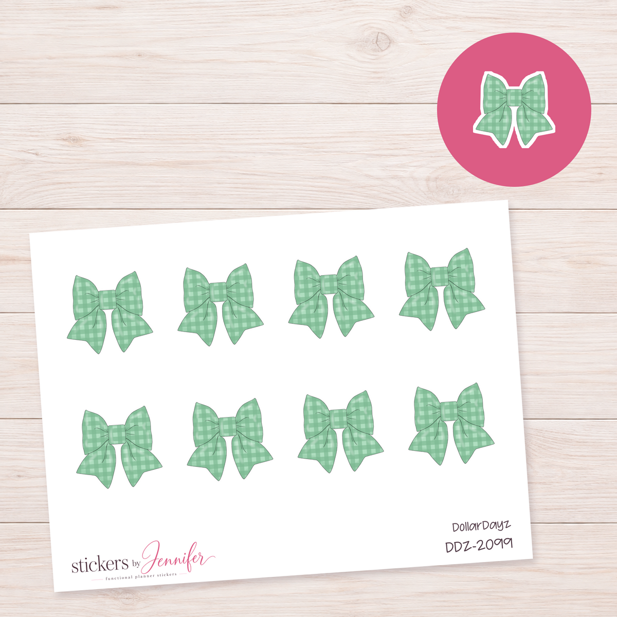 Green Gingham Bow Planner Stickers | DDZ-2099