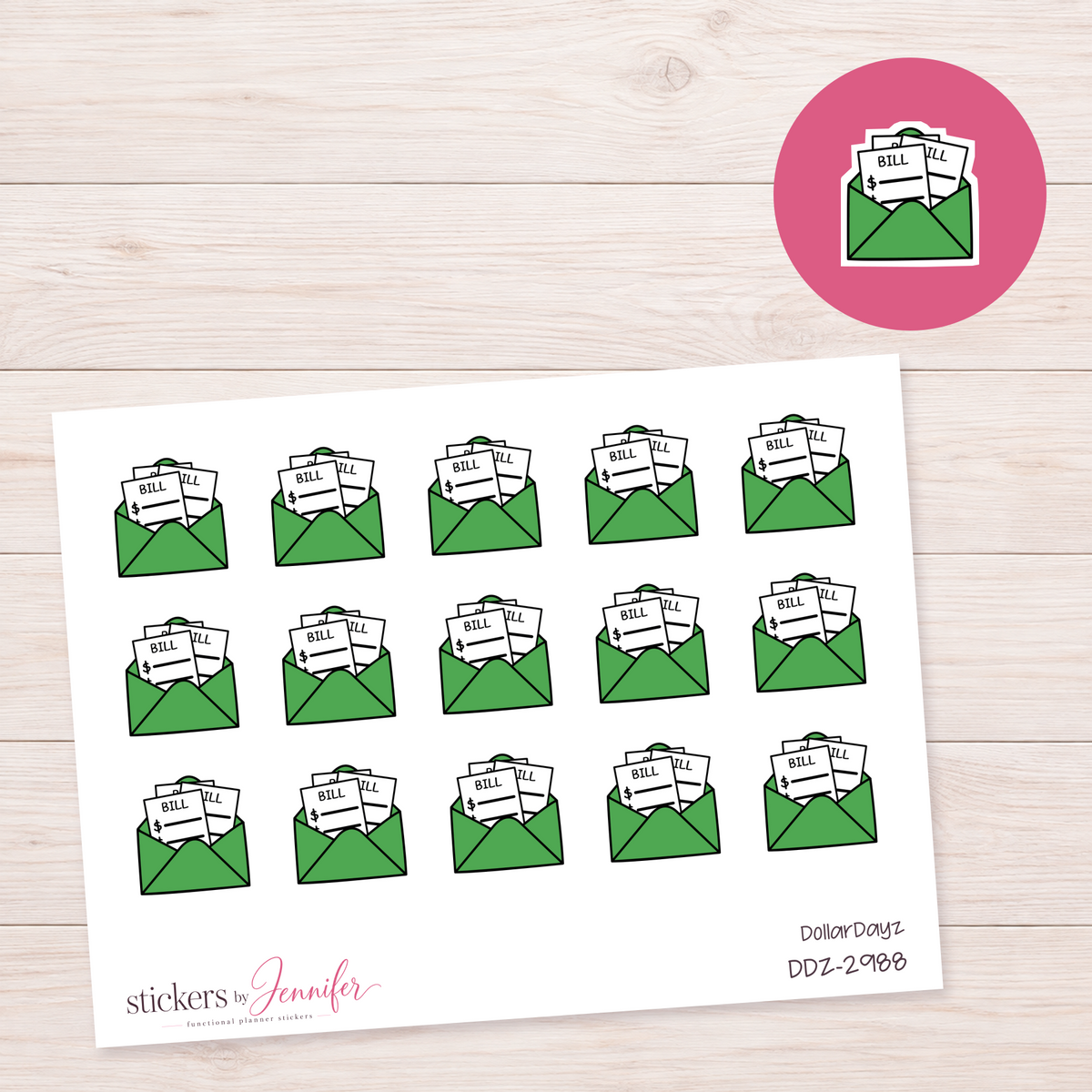 Green Bill Envelope Planner Stickers | DDZ-2988