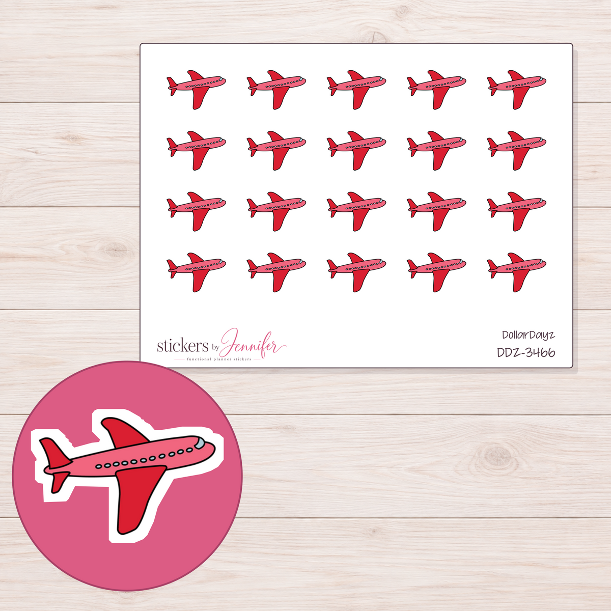 Pink and red airplane planner stickers — 20 stickers on a 4 × 3-inch sheet