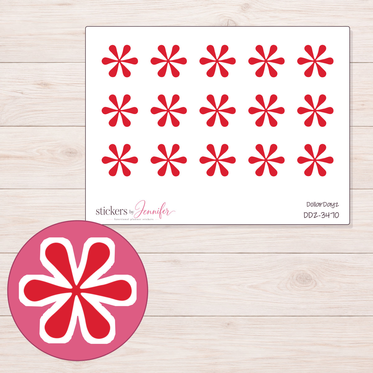 Asterisk Planner Stickers | DDZ-3470 — 4 × 3 inch sheet and enlarged sticker detail