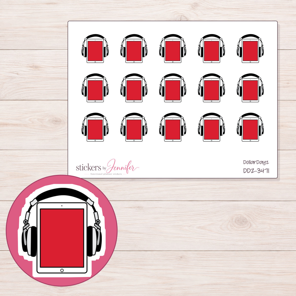 Audiobook Planner Stickers | DDZ-3471 — 4 × 3 inch sheet and enlarged sticker detail