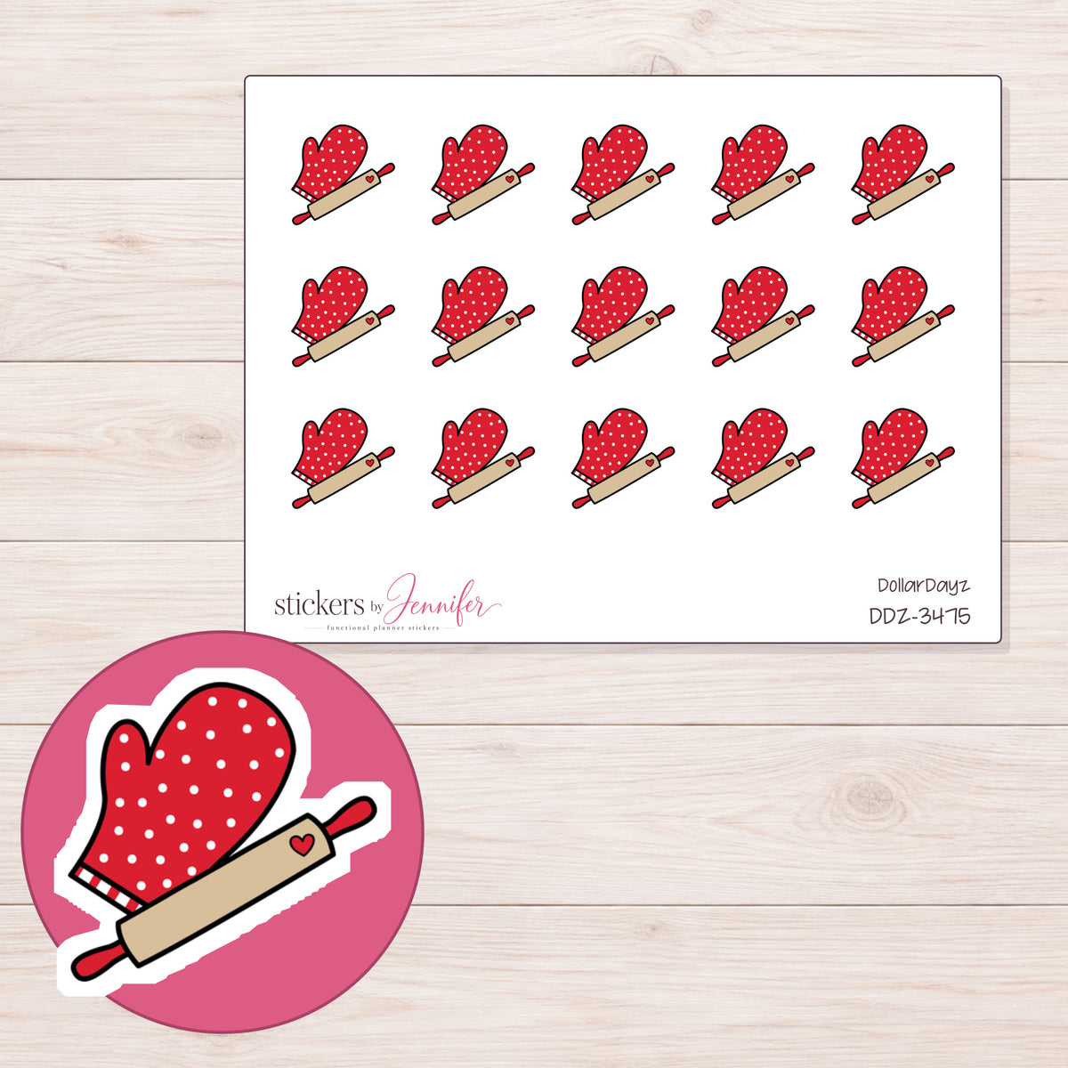 Baking Planner Stickers | DDZ-3475 — 4 × 3 inch sheet and enlarged sticker detail