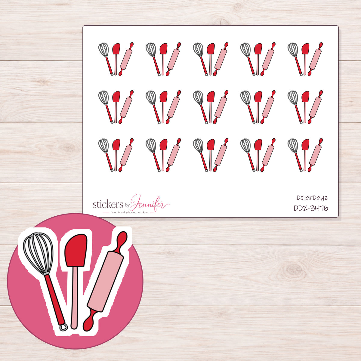 Baking Day Planner Stickers | DDZ-3476 — 4 × 3 inch sheet and enlarged sticker detail
