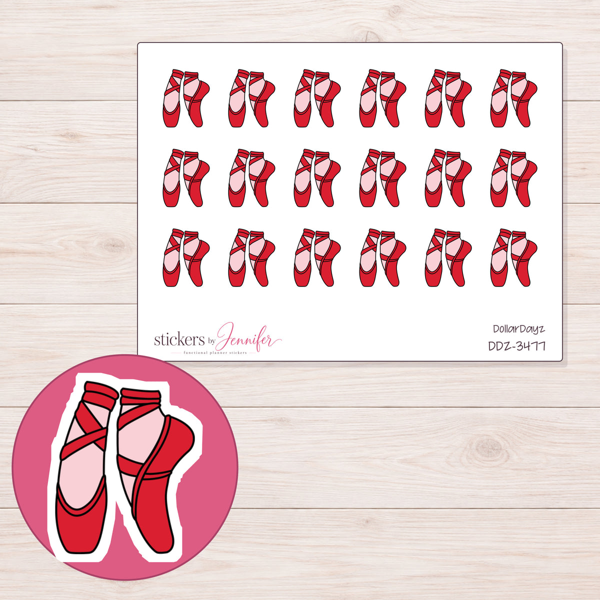 Ballet Shoes Planner Stickers | DDZ-3477 — 4 × 3 inch sheet and enlarged sticker detail