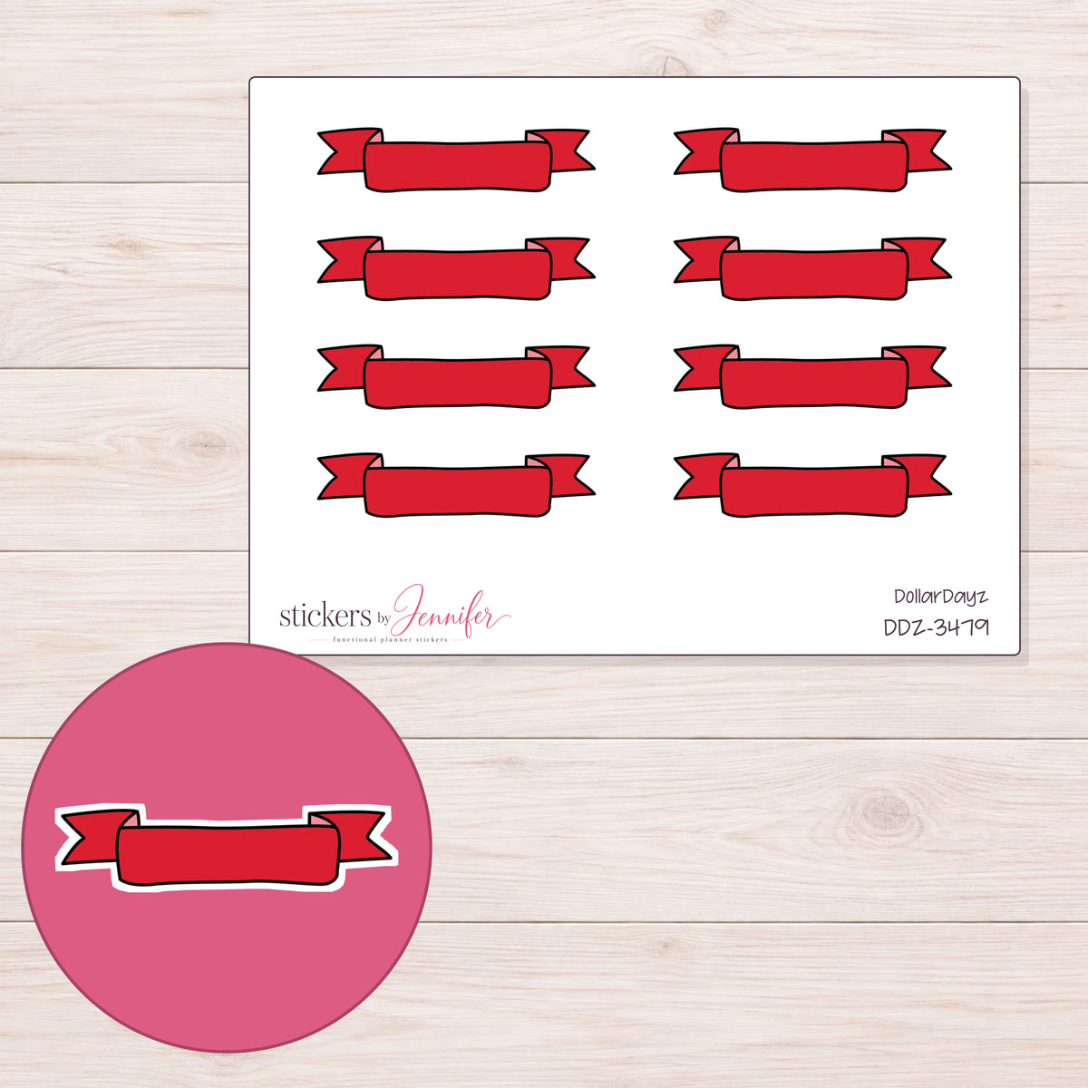 Red Scroll Banner Label Planner Stickers | DDZ-3479 — 4 × 3 inch sheet and enlarged sticker detail