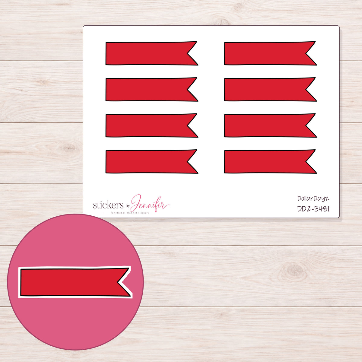 Red Single-Notch Banner Label Planner Stickers | DDZ-3481 — 4 × 3 inch sheet and enlarged sticker detail