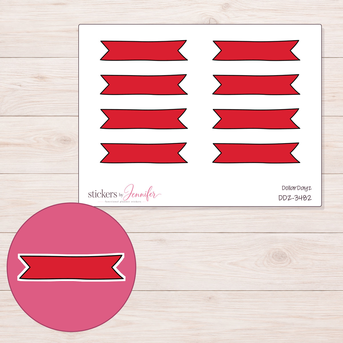 Red Double-Notch Banner Label Planner Stickers | DDZ-3482 — 4 × 3 inch sheet and enlarged sticker detail