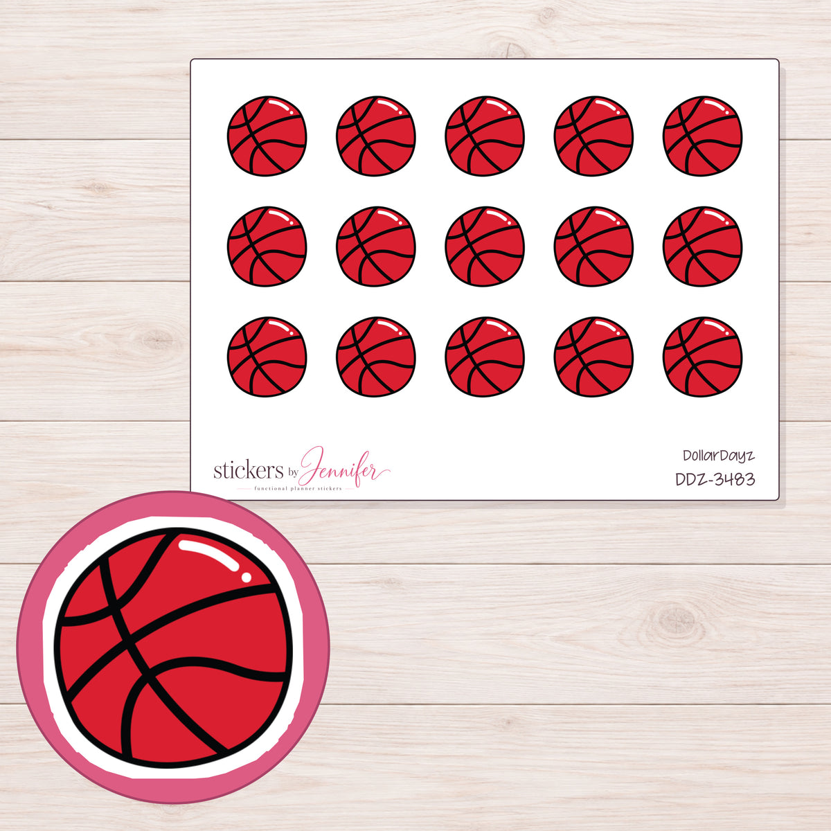 Basketball Planner Stickers | DDZ-3483 — 4 × 3 inch sheet and enlarged sticker detail