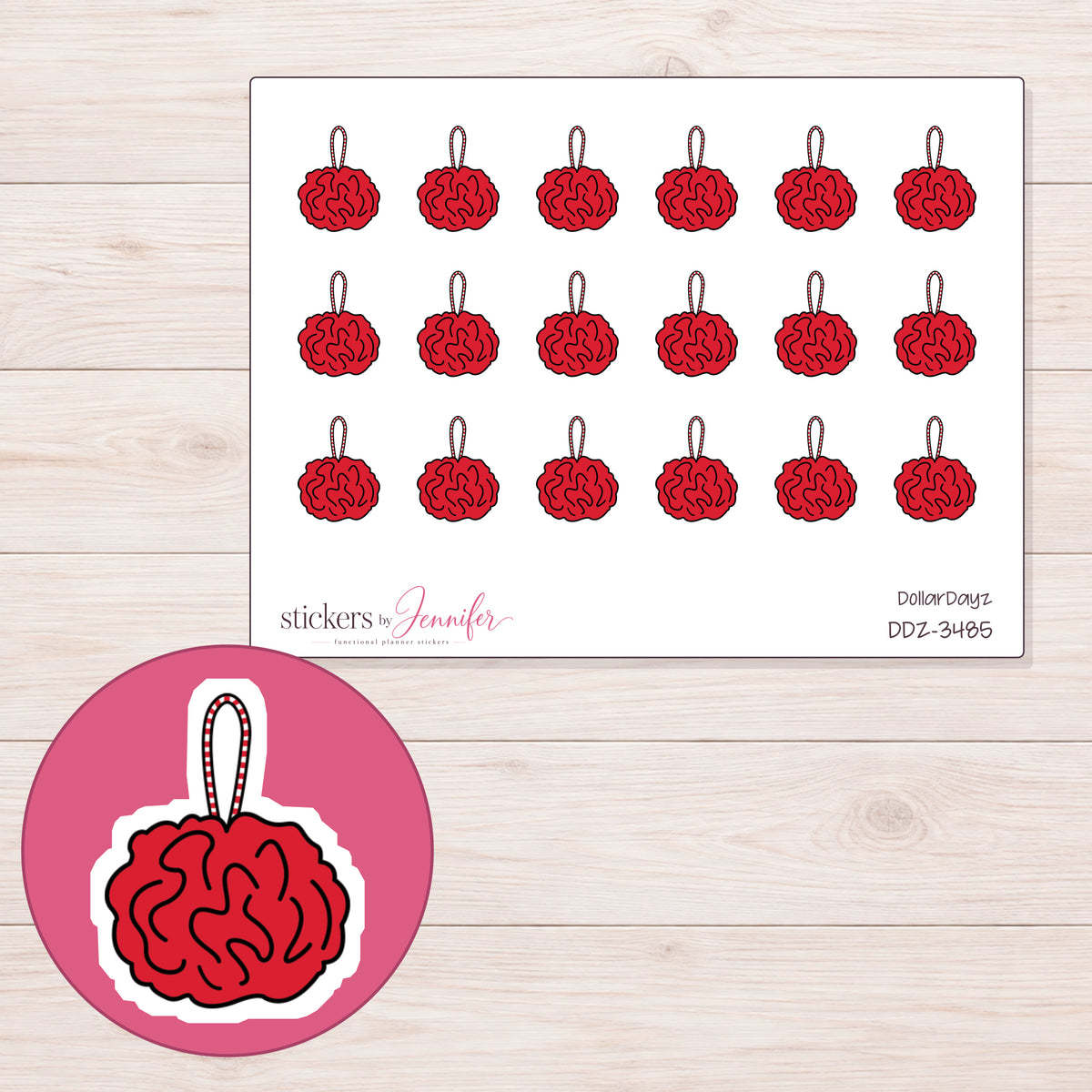 Bath Pouf Planner Stickers | DDZ-3485 — 4 × 3 inch sheet and enlarged sticker detail