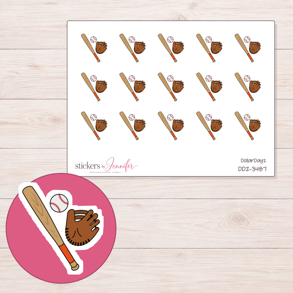 Baseball Bat, Ball & Glove Planner Stickers | DDZ-3487 — 4 × 3 inch sheet and enlarged sticker detail