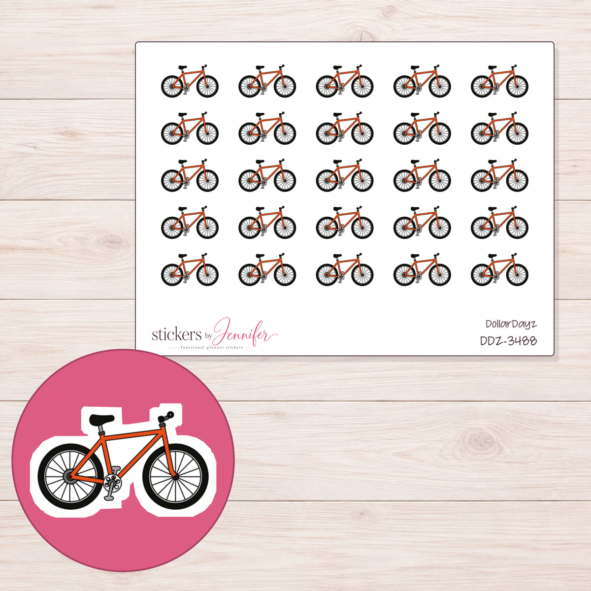 Bicycle Planner Stickers | DDZ-3488 — 4 × 3 inch sheet and enlarged sticker detail