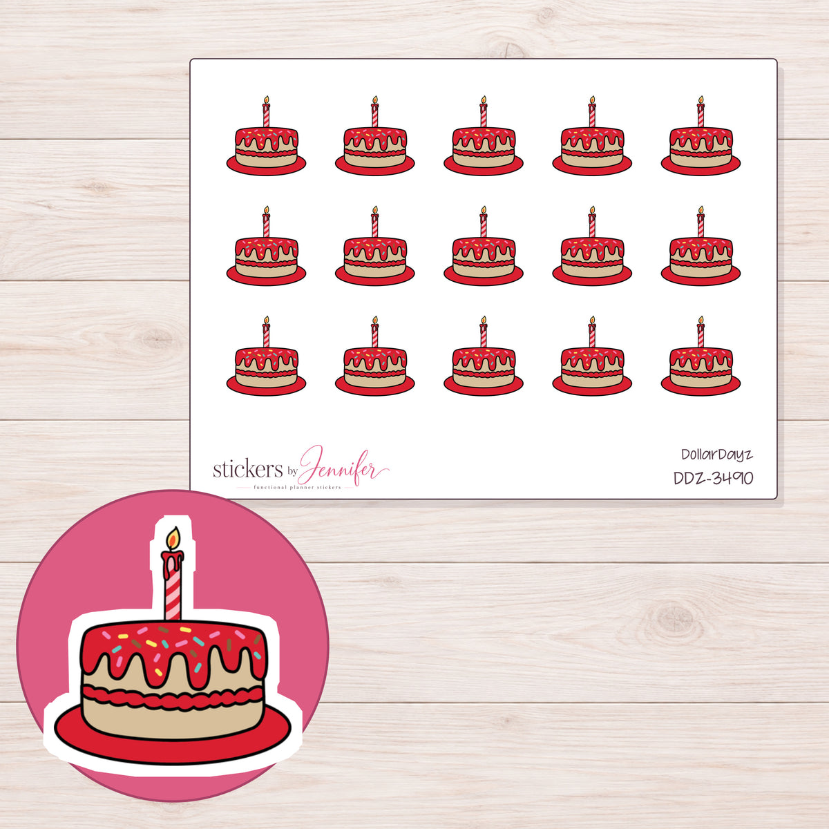 Birthday Cake Planner Stickers | DDZ-3490 — 4 × 3 inch sheet and enlarged sticker detail
