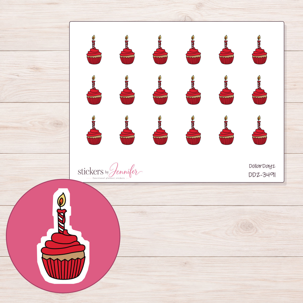 Birthday Cupcake Planner Stickers | DDZ-3491 — 4 × 3 inch sheet and enlarged sticker detail