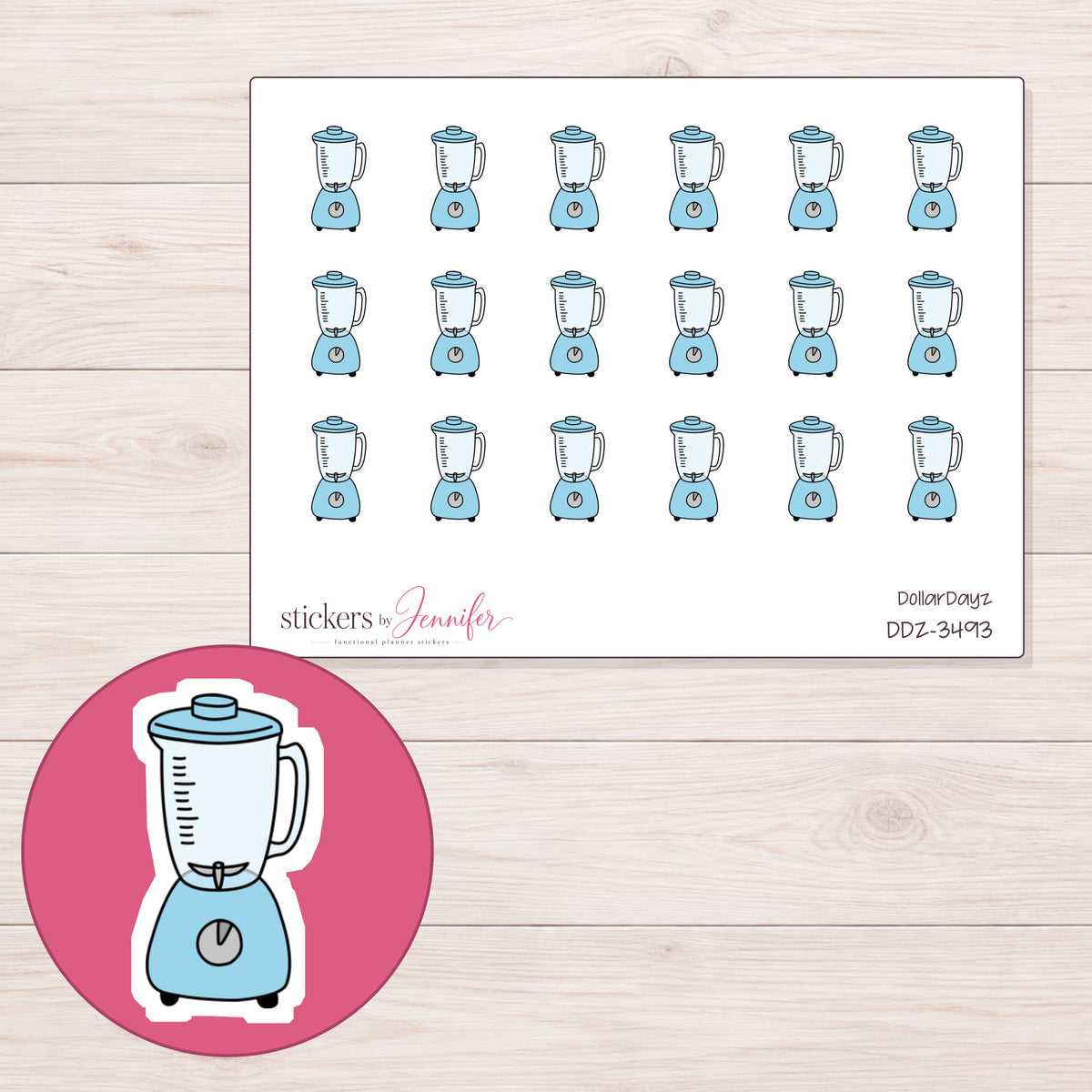 Blender Planner Stickers | DDZ-3493 — 4 × 3 inch sheet and enlarged sticker detail