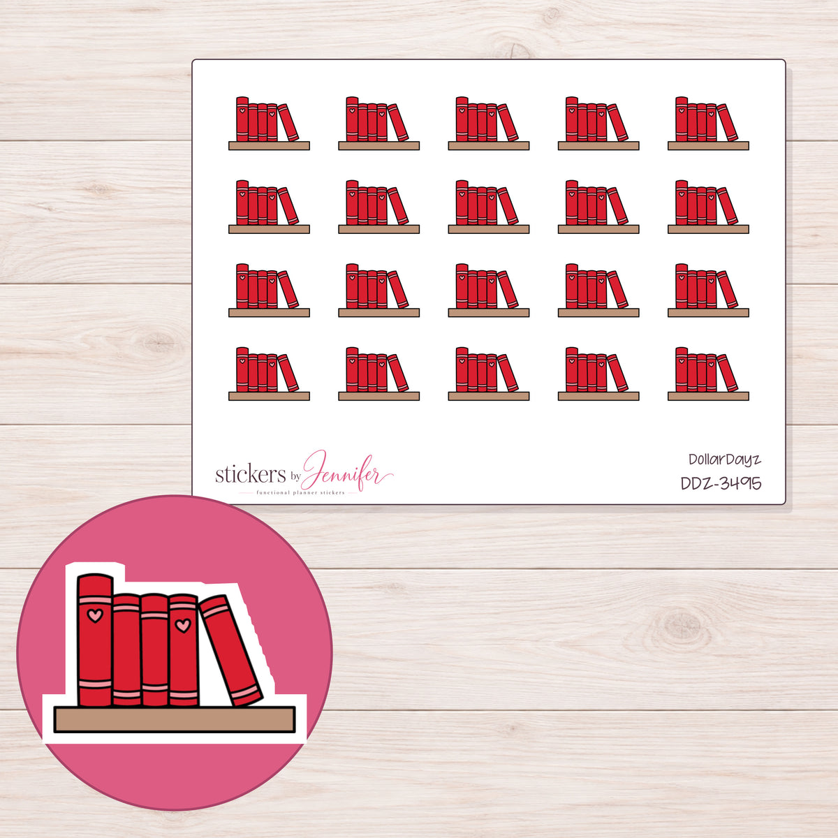 Bookshelf Planner Stickers | DDZ-3495 — 4 × 3 inch sheet and enlarged sticker detail
