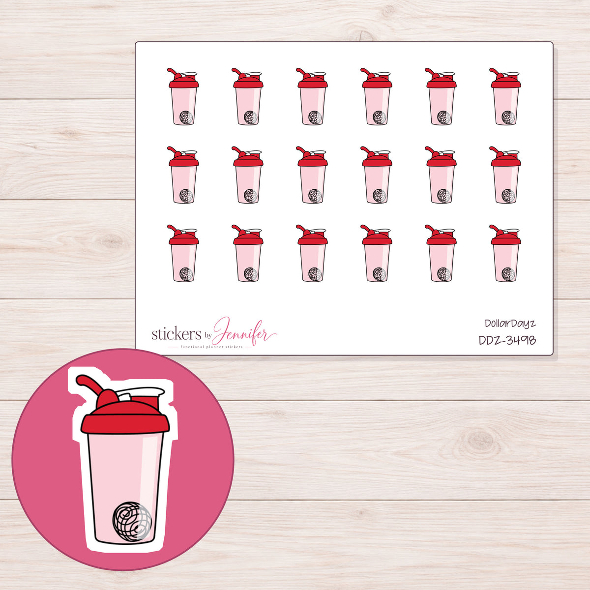 Shaker Bottle Planner Stickers | DDZ-3498 — 4 × 3 inch sheet and enlarged sticker detail