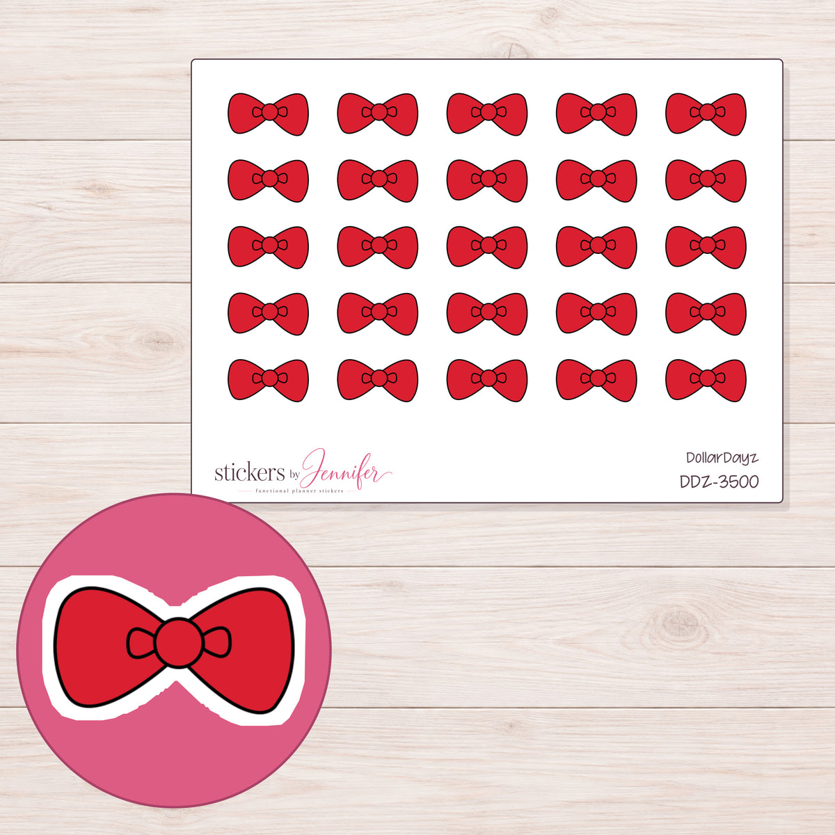 Red Bow Planner Stickers | DDZ-3500 — 4 × 3 inch sheet and enlarged sticker detail