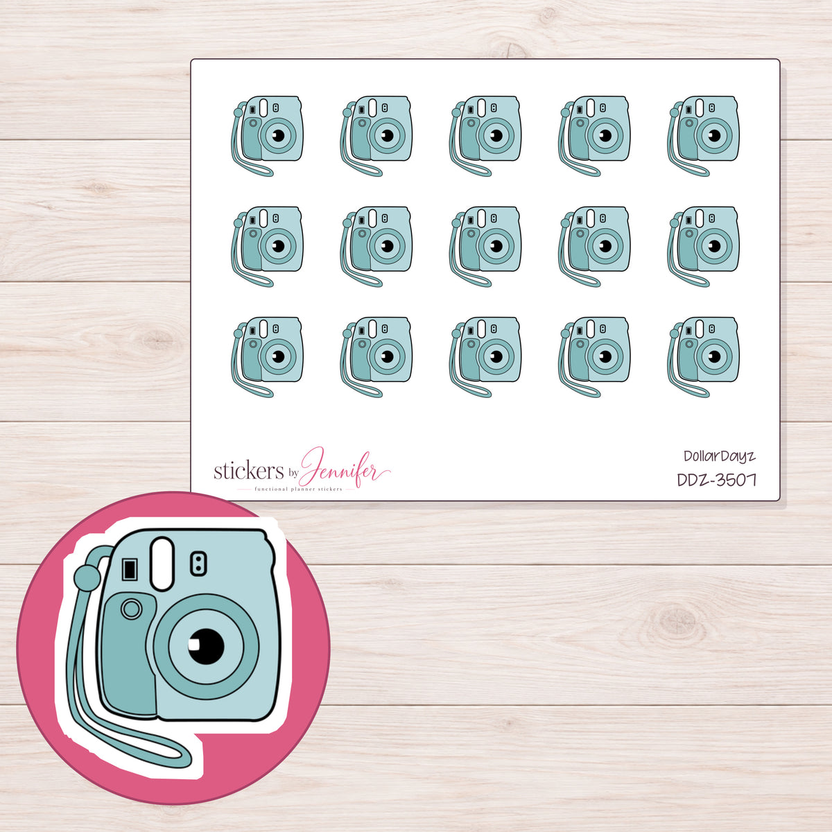 Instant Camera Planner Stickers | DDZ-3507 — 4 × 3 inch sheet and enlarged sticker detail