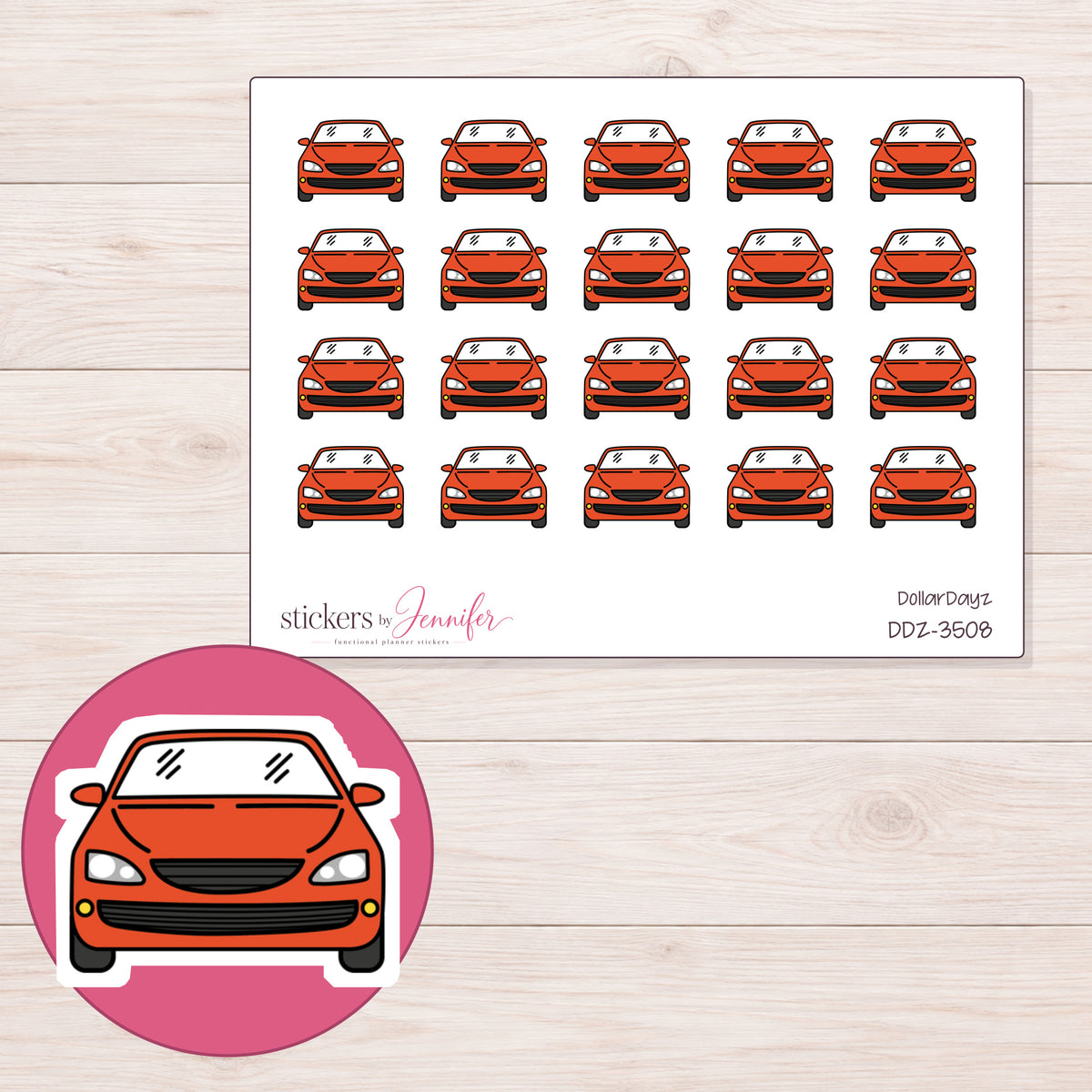 Car Planner Stickers | DDZ-3508 — 4 × 3 inch sheet and enlarged sticker detail