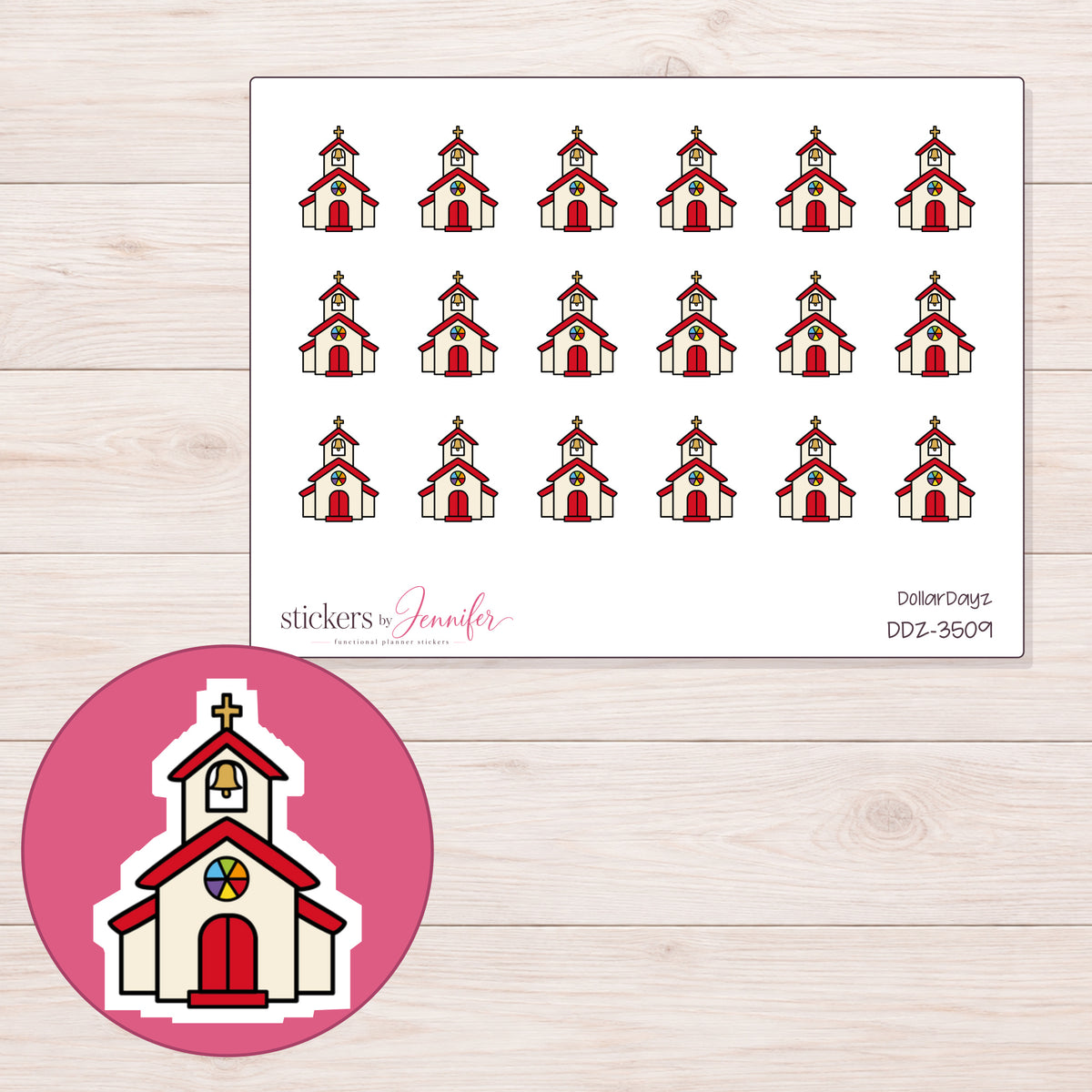 Church Planner Stickers | DDZ-3509 — 4 × 3 inch sheet and enlarged sticker detail
