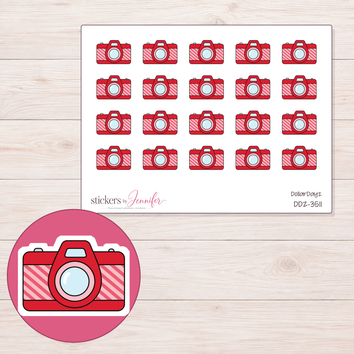 Camera Planner Stickers | DDZ-3511 — 4 × 3 inch sheet and enlarged sticker detail