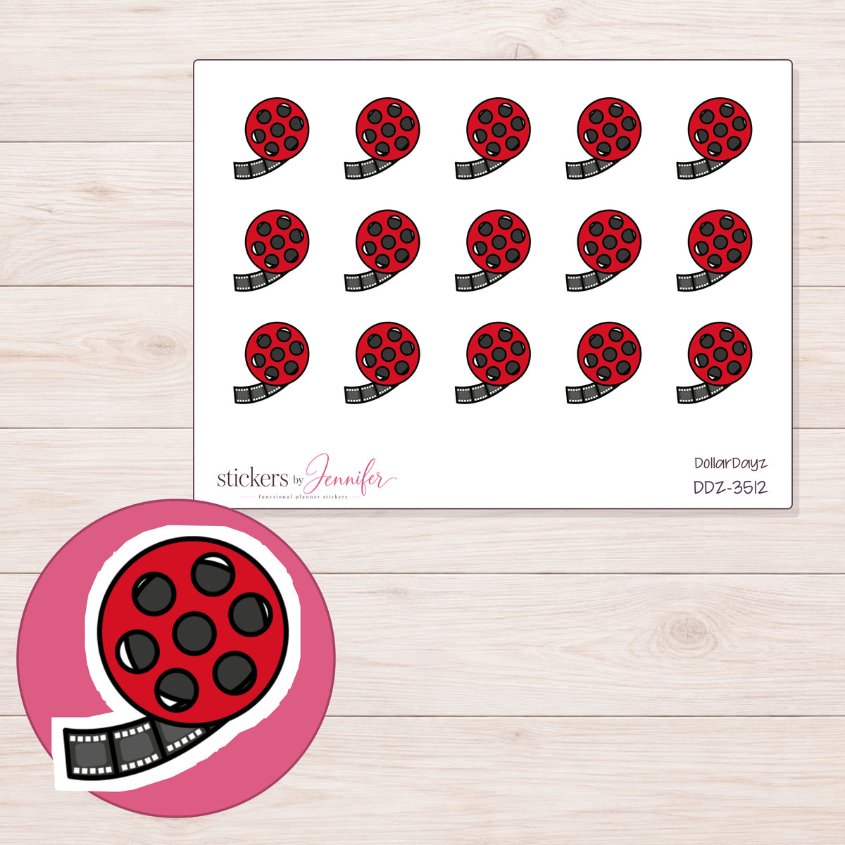 Red Film Reel Planner Stickers | DDZ-3512 — 4 × 3 inch sheet and enlarged sticker detail