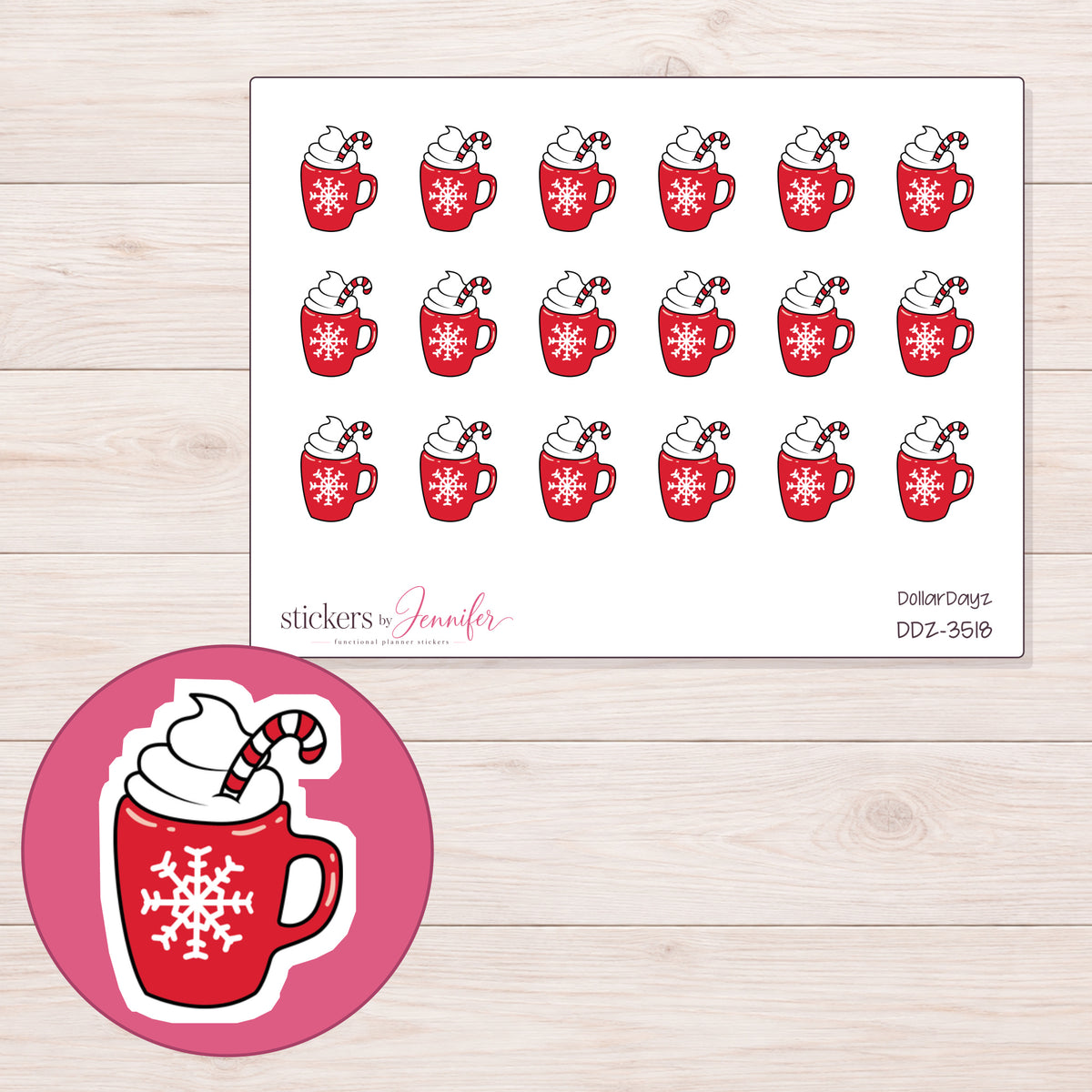 Christmas Hot Chocolate Planner Stickers | DDZ-3518 — 4 × 3 inch sheet and enlarged sticker detail