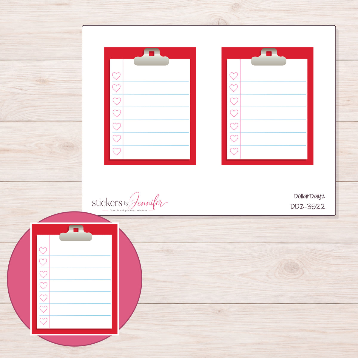 Red Clipboard Checklist Planner Stickers | DDZ-3522 — 4 × 3 inch sheet and enlarged sticker detail