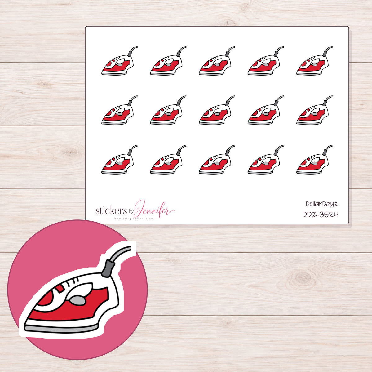 Red Clothes Iron Planner Stickers | DDZ-3524 — 4 × 3 inch sheet and enlarged sticker detail
