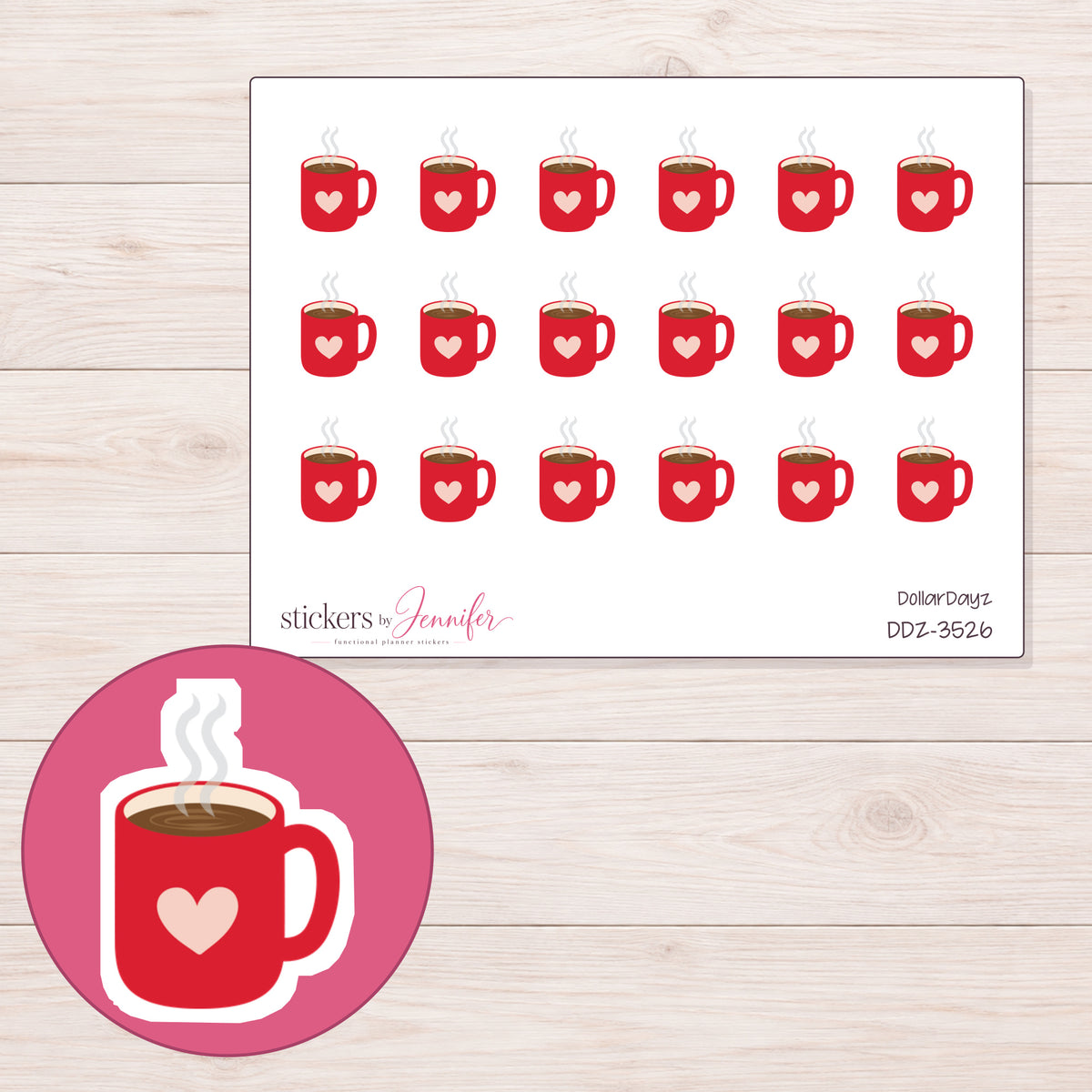 Red Heart Coffee Mug Planner Stickers | DDZ-3526 — 4 × 3 inch sheet and enlarged sticker detail