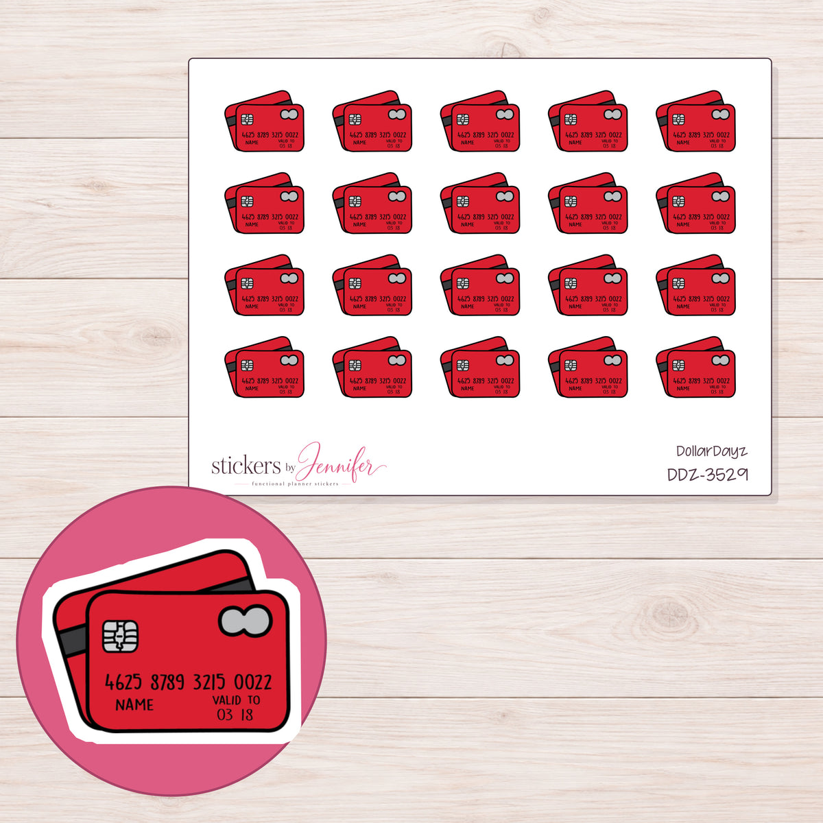 Red Credit Card Planner Stickers | DDZ-3529 — 4 × 3 inch sheet and enlarged sticker detail