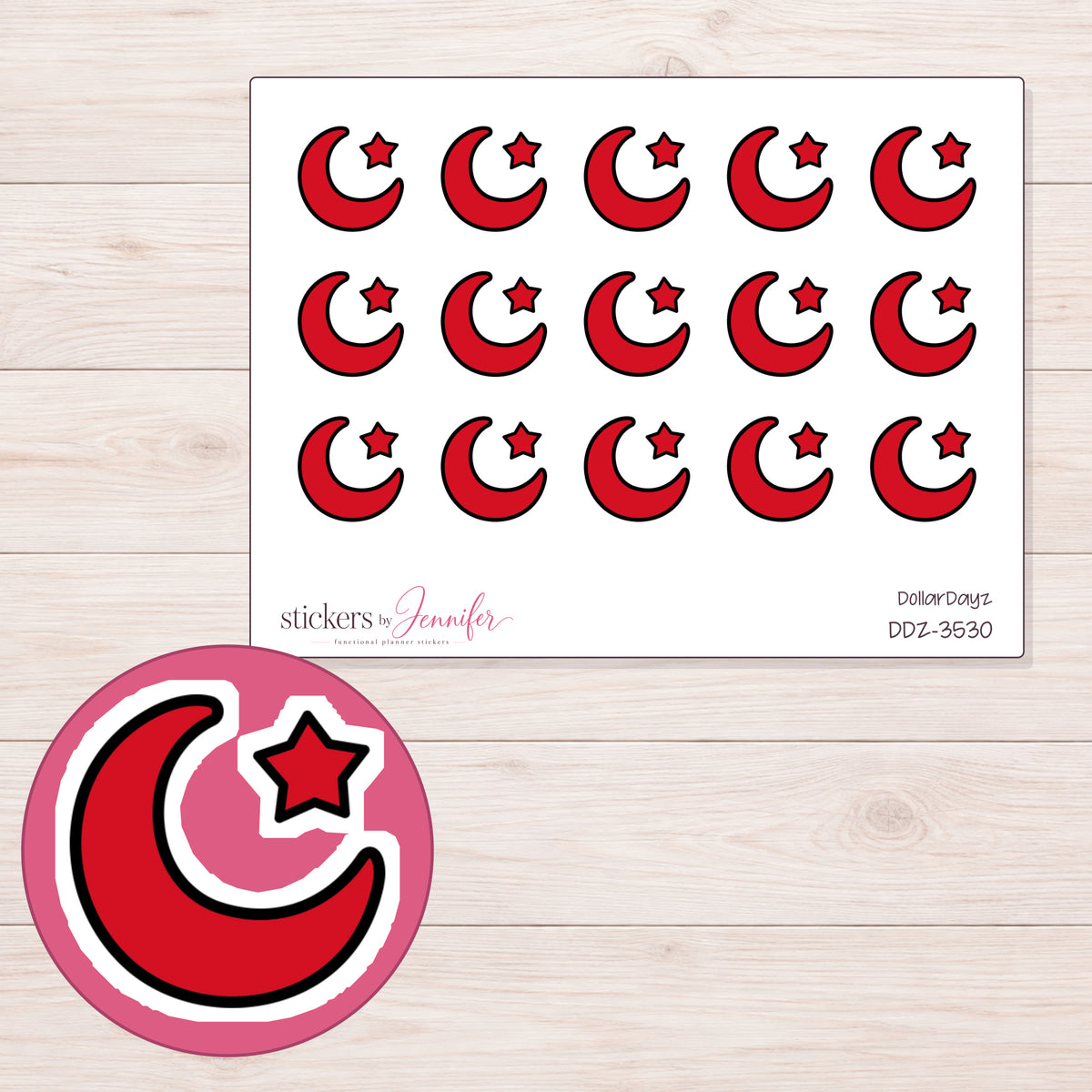 Red Crescent Moon and Star Planner Stickers | DDZ-3530 — 4 × 3 inch sheet and enlarged sticker detail