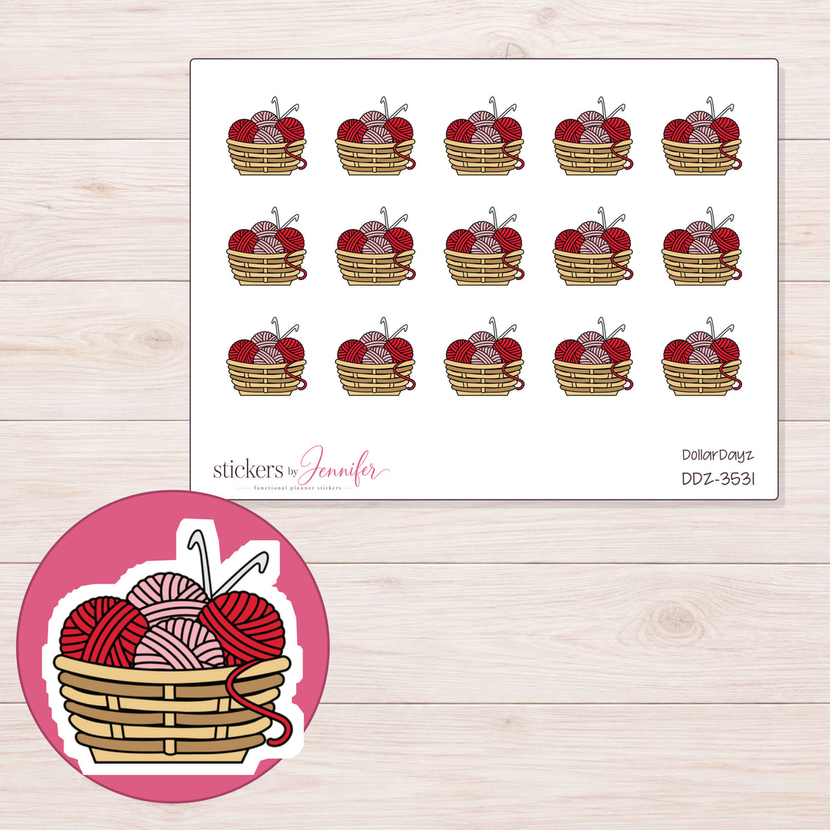 Red Yarn Basket Planner Stickers | DDZ-3531 — 4 × 3 inch sheet and enlarged sticker detail