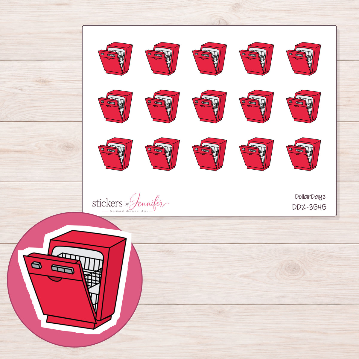 Red Dishwasher Planner Stickers | DDZ-3545 — 4 × 3 inch sheet and enlarged sticker detail