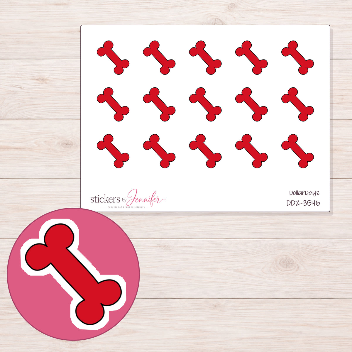 Red Dog Bone Planner Stickers | DDZ-3546 — 4 × 3 inch sheet and enlarged sticker detail