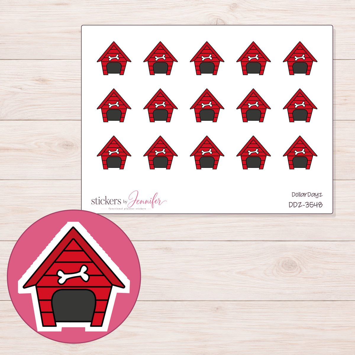 Red Dog House Planner Stickers | DDZ-3548 — 4 × 3 inch sheet and enlarged sticker detail