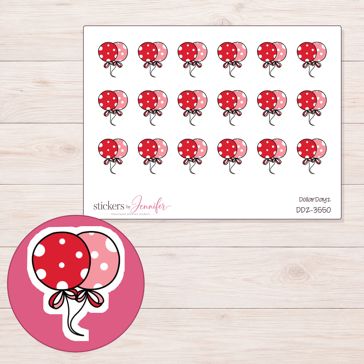 Red Polka Dot Balloon Planner Stickers | DDZ-3550 — 4 × 3 inch sheet and enlarged sticker detail