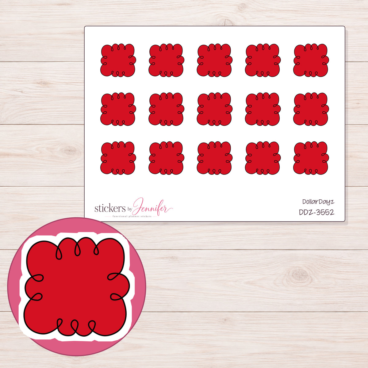 Red Doodle Cloud Label Planner Stickers | DDZ-3552 — 4 × 3 inch sheet and enlarged sticker detail