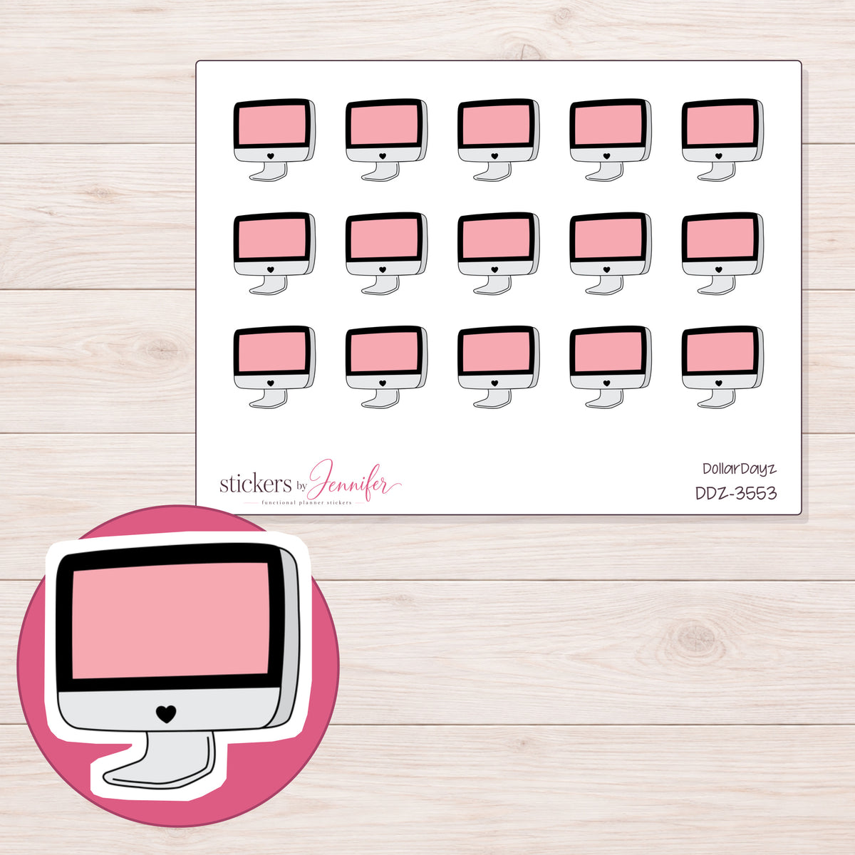 Pink Doodle Desktop Computer Planner Stickers | DDZ-3553 — 4 × 3 inch sheet and enlarged sticker detail