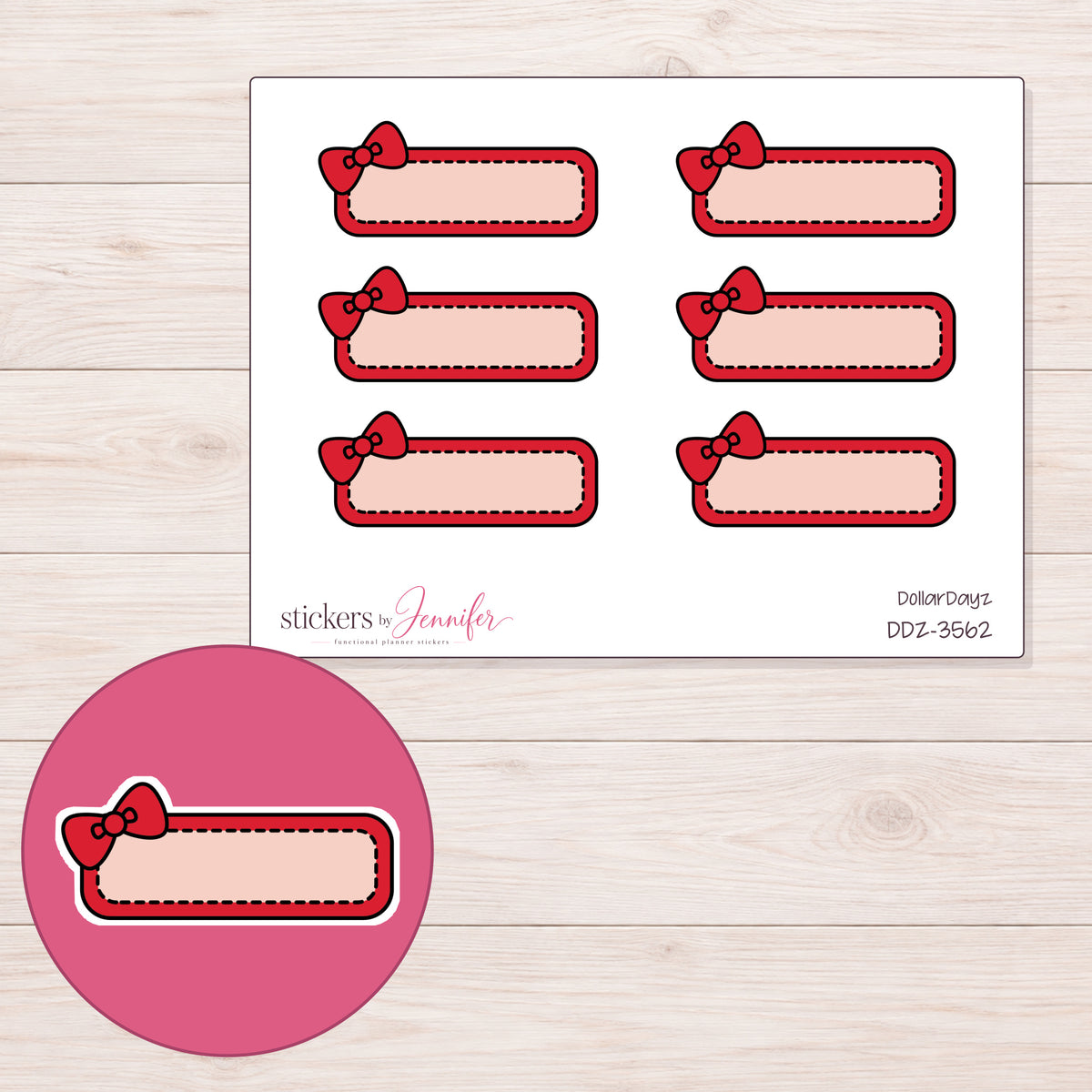 Red Bow Quarter Box Label Planner Stickers | DDZ-3562 — 4 × 3 inch sheet and enlarged sticker detail