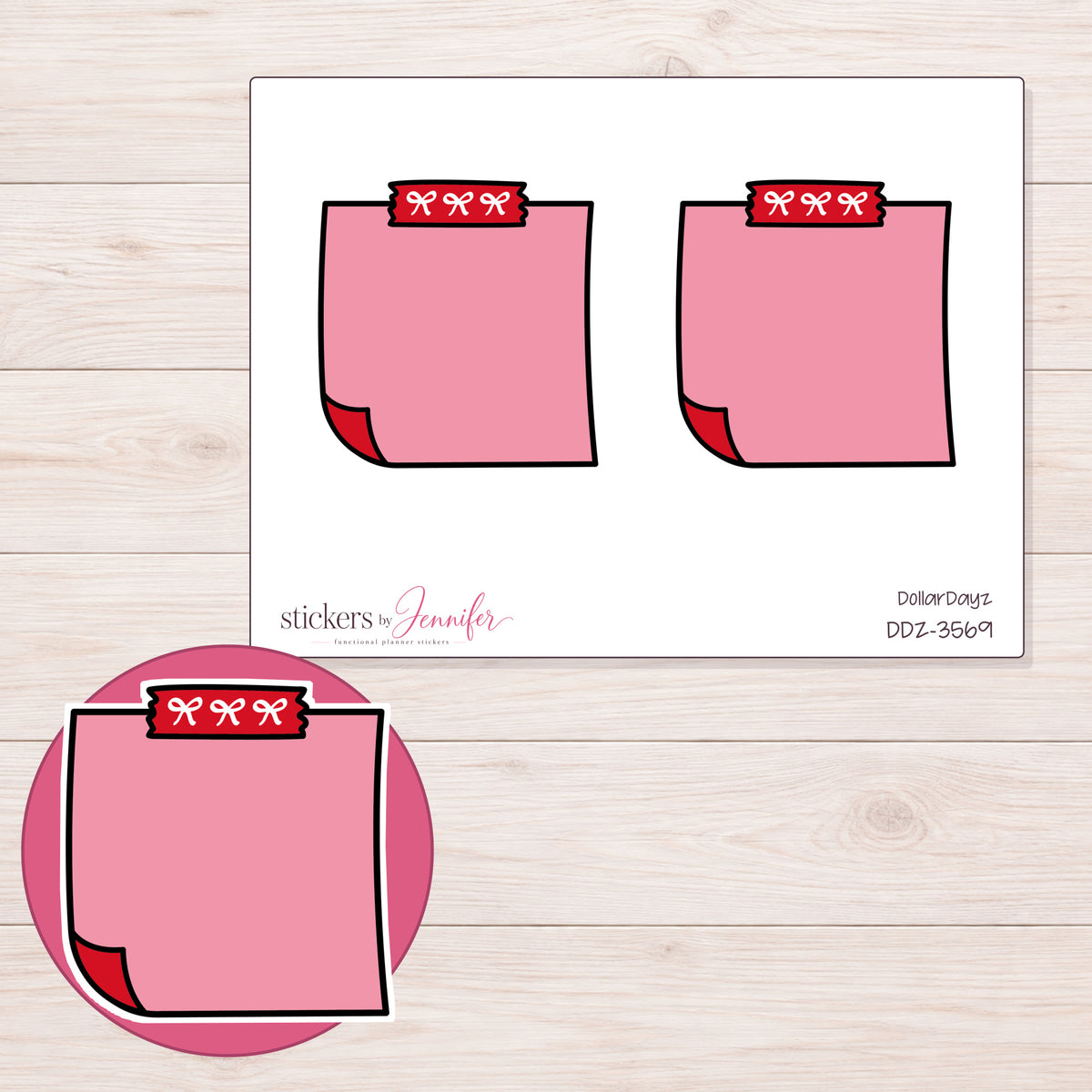 Pink Top-Tape Note Planner Stickers | DDZ-3569 — 4 × 3 inch sheet and enlarged sticker detail