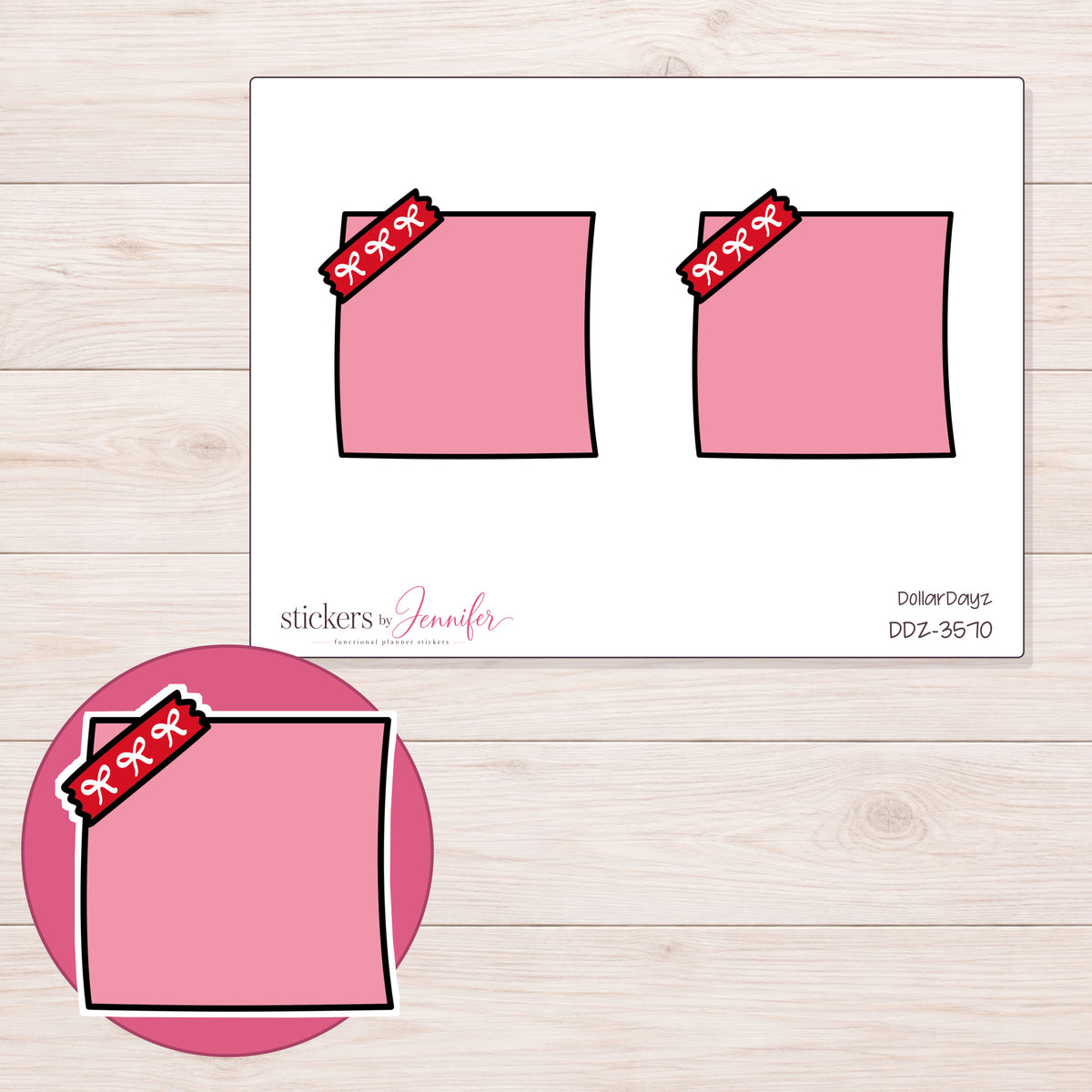 Pink Corner-Tape Note Planner Stickers | DDZ-3570 — 4 × 3 inch sheet and enlarged sticker detail